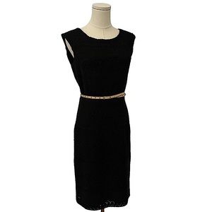 Ellen Tracy Black Dress Small Midi Work Office Dinner Party Textured Beige Belt